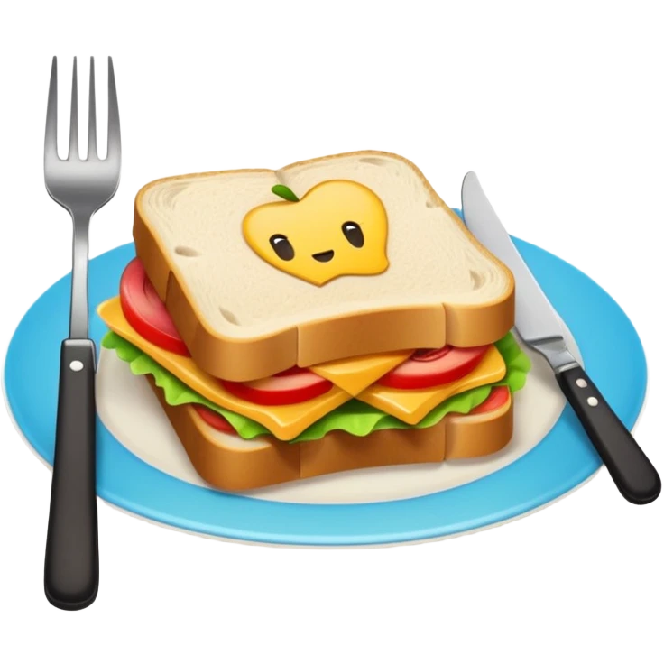 stylized plate with a sandwich on it, next to a knife and fork, apple-style emoji emoji