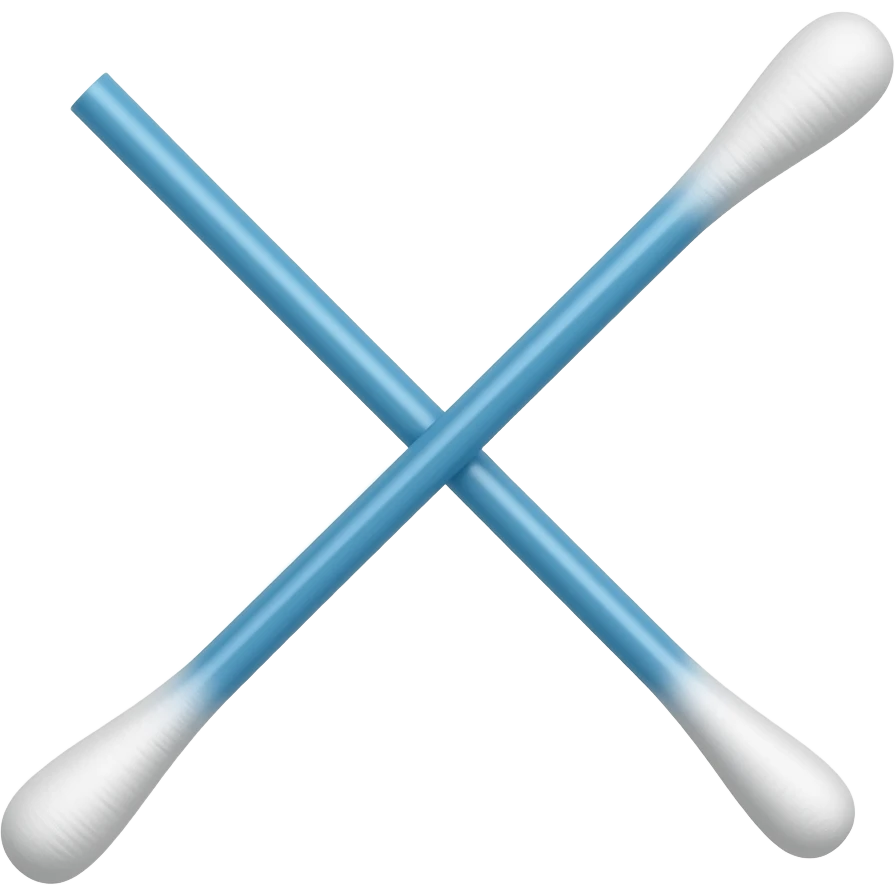 A single cotton swab with two white cotton tips, isolated on a solid white background. High resolution photograph, simple and clean. The cotton swab is intended for cleaning the outer ear canal only, and should not be inserted into the ear canal emoji