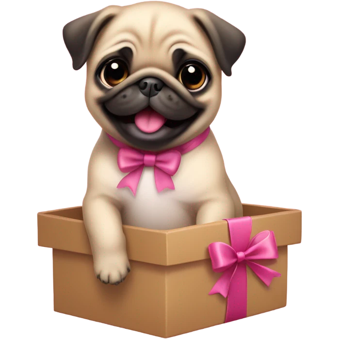 Baby pug with big pink
eyes wearing a pink bow above 1 ear sitting in a gift box  laughing  emoji