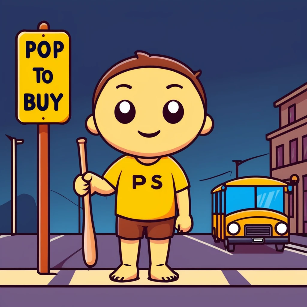 humanoid wooden club with big cartoon eyes and wide smile, barefoot, standing at a dark street bus stop under a dim streetlight, holding a bat, background sign 'Pentung Pos Ronda' emoji