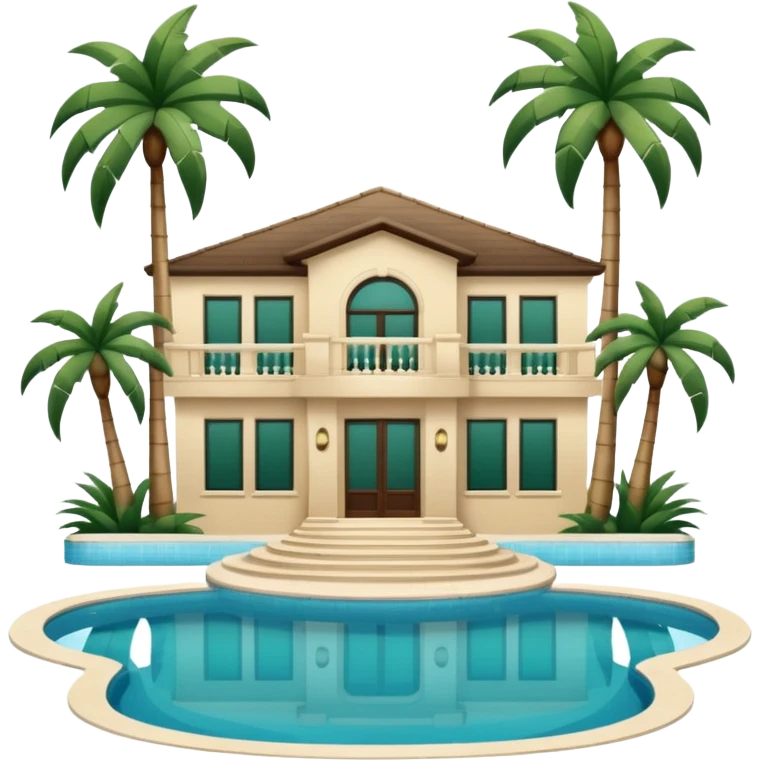 light beige luxury villa with dark green palm trees and swimming pool, angled view, emoji style emoji