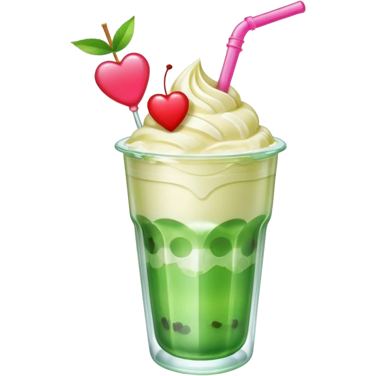 clear emoji-style of a green soda float with ice, vanilla ice cream scoop, two red cherries, pink heart-shaped straw, simple shapes, bright colors, glossy, kawaii style, centered, transparent background
 emoji
