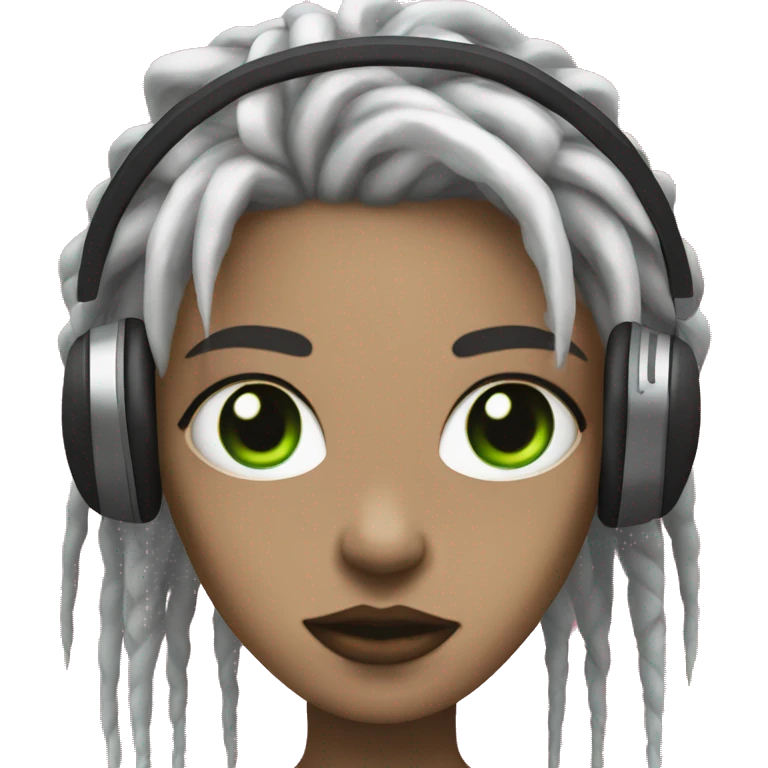 White woman with green eyes, black punks dreadlocks and pink headphones, gothic, grunge  emoji