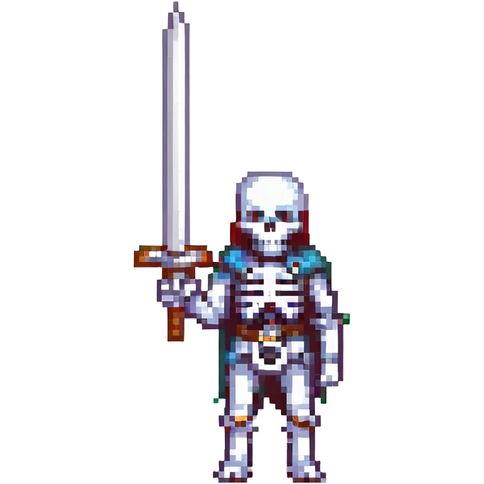 skeleton with a large sword, pixel art style emoji