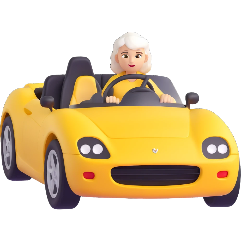 mother with white hair driving a yellow sports car emoji