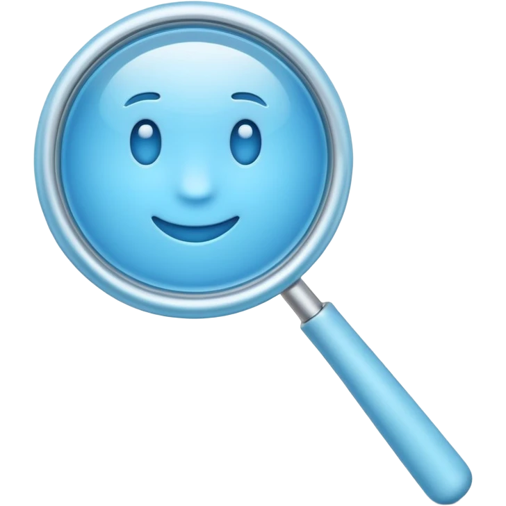 A 3D emoji-style magnifying glass, smooth rounded shapes, soft gradient blue ring, glossy plastic material, subtle highlights and reflections, simple minimal design, pastel blue color, slightly thick proportions, soft lighting, clean white background, modern emoji aesthetic, centered composition emoji
