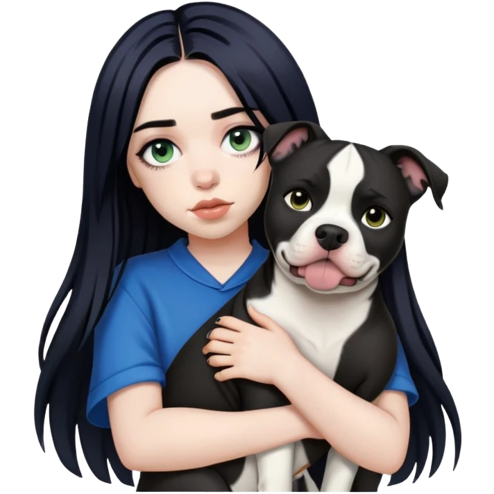 billie eilish long black hair dark eyeliner makeup, holding pitbull dog emoji