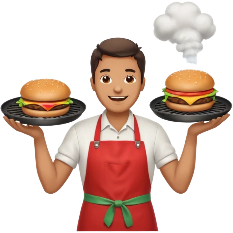 A cheerful man in an apron flipping burgers on a sizzling grill with smoke puffing upward. emoji