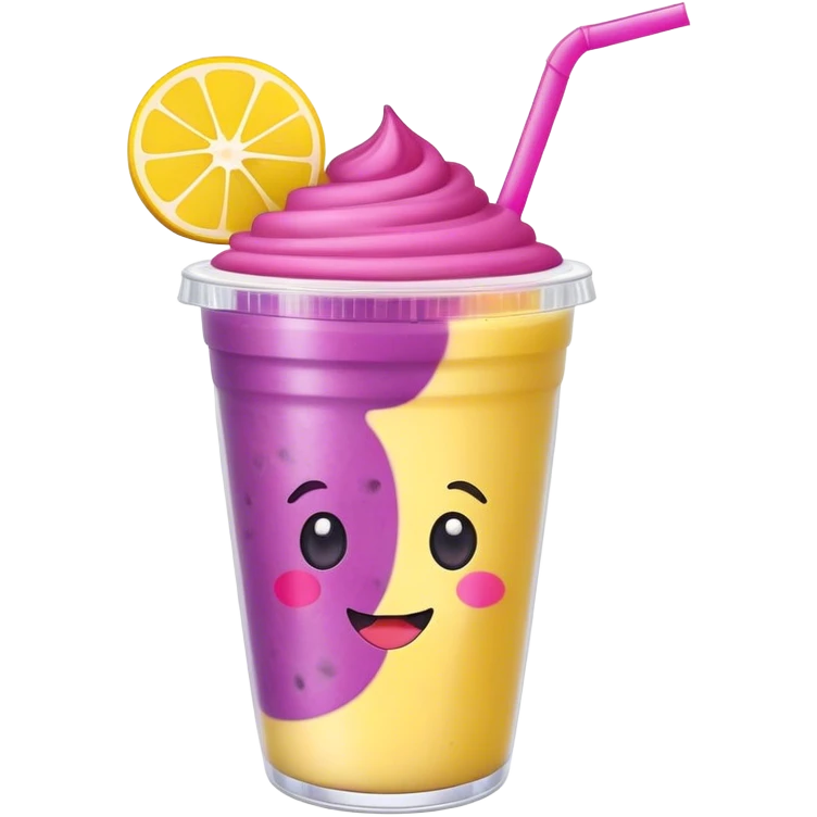 Cute Kawaii Smoothie Cup, filled with blended fruity goodness, a smiling face with excited eyes, bright colorful layers of pink, yellow, and purple, topped with a straw and tiny fruit slices! emoji