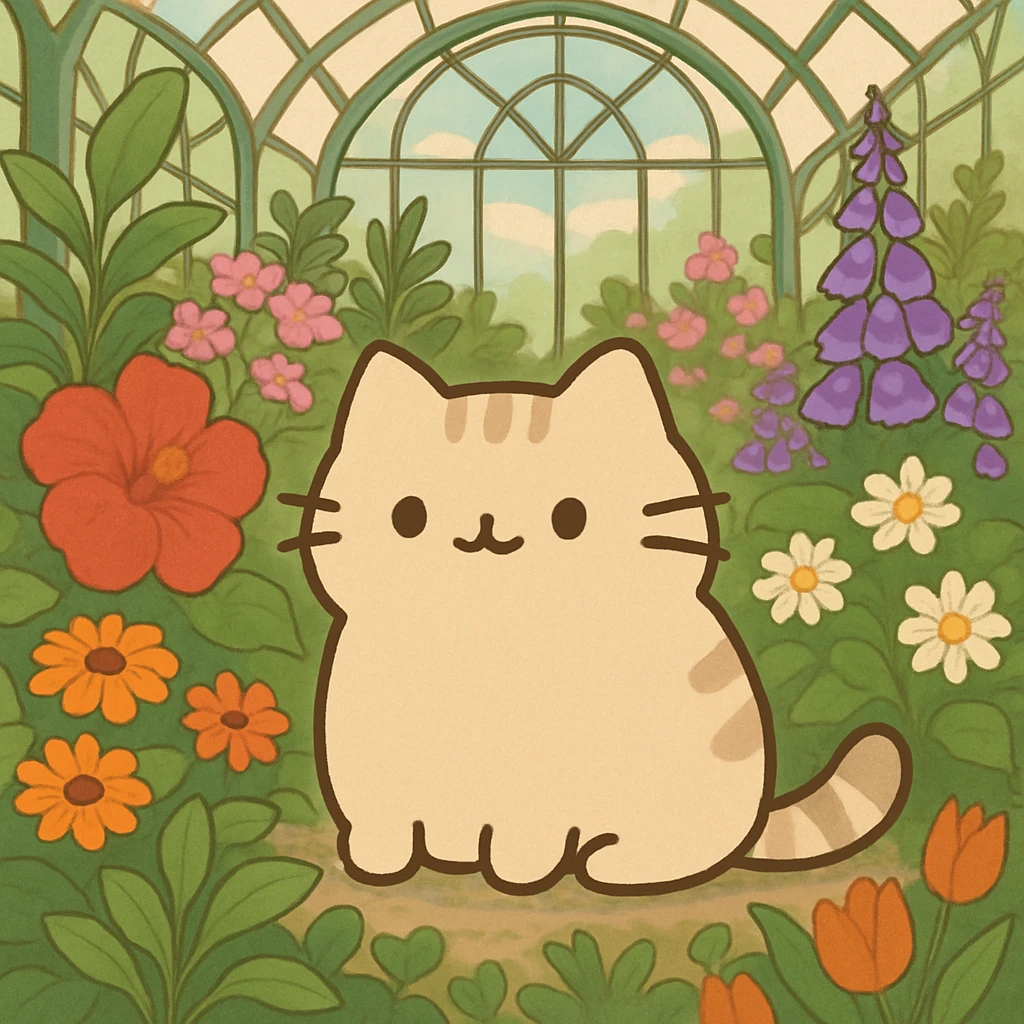 beige blonde pusheen-style kitten in a botanical garden greenhouse filled with flowers emoji
