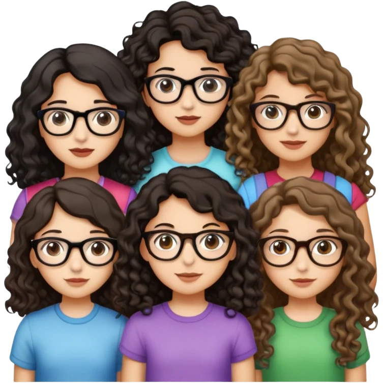 4 girls, one one with very long curly hair, a little brunette with glasses, another with short curly wavy hair, also a little brunette, another who is dark blonde with wavy tips with braces and another with straight light brown hair and glasses emoji
