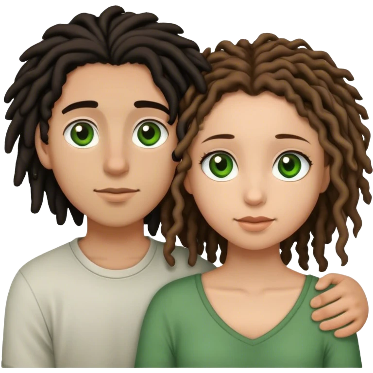 couple holding eachother. the boy is light skinned, short brown dreads, and green eyes. the girl is light skinned, curly black hair, and brown eyes emoji