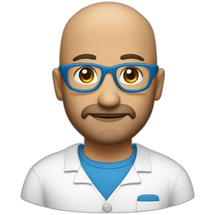 A bald Italian individual with a slight beard, working at a computer. They wear oval, brown glasses, and their eyes are a vibrant shade of blue. emoji