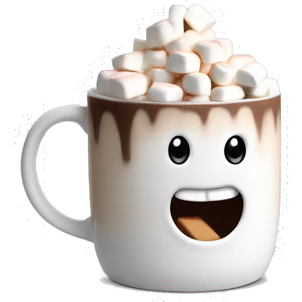 A hot chocolate in a white winter theme mug and lots of cream and marshmallows  emoji