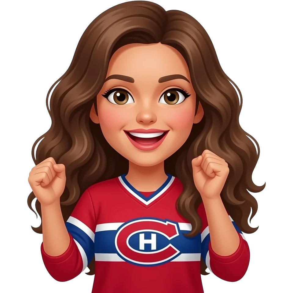 Cheering Habs Canadian fan red jersey emoji, tanned lady with  long brown curly hair emoji