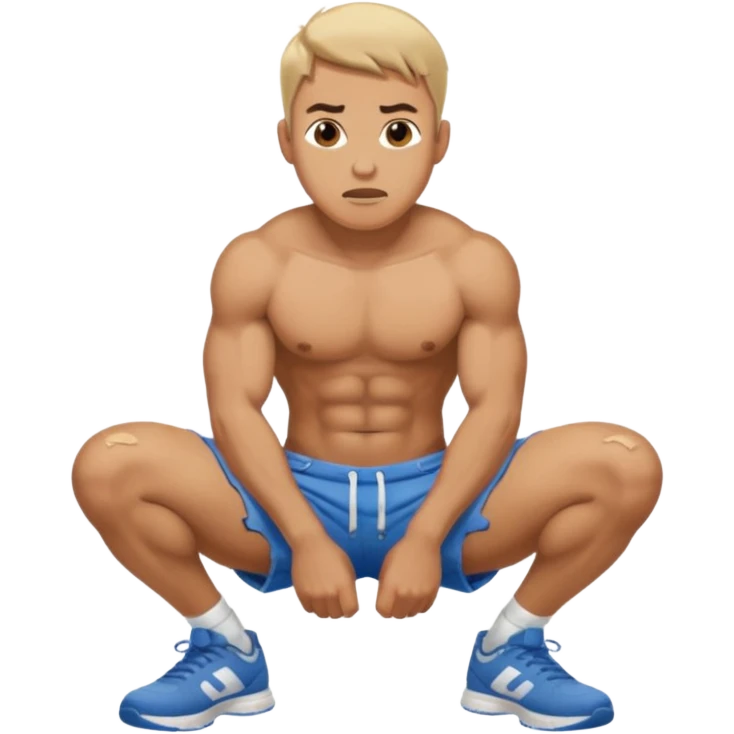 A squatting man legs spread apart, a penis going through his broken shorts emoji