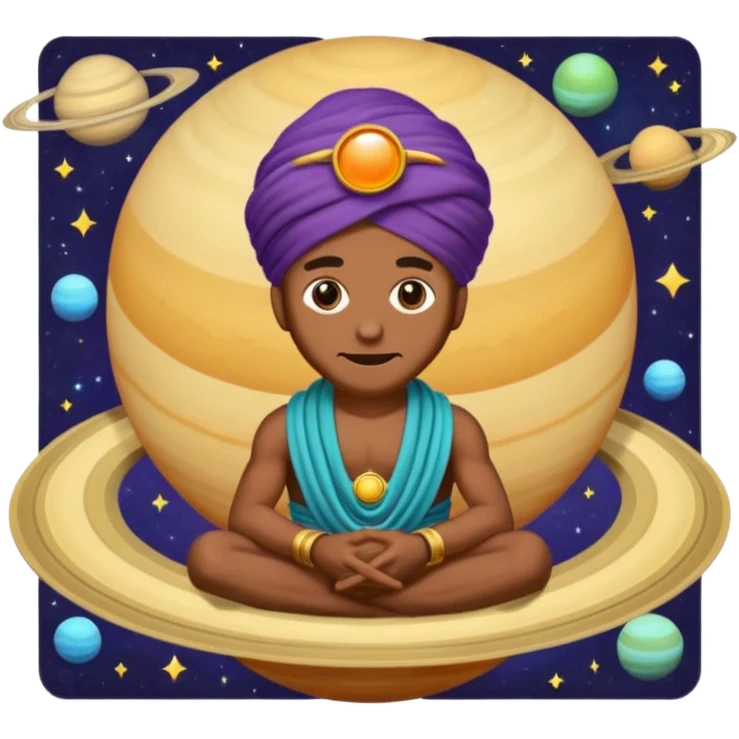 A bold emoji-style illustration with Saturn 🪐 as the dominant element, clearly showing its bright rings. Inside the planet, a stylized man wearing a colorful turban 👳🏾‍♂️, depicted as a mystical or adventurous character, sitting or floating within Saturn, integrated with the planet’s texture. . emoji