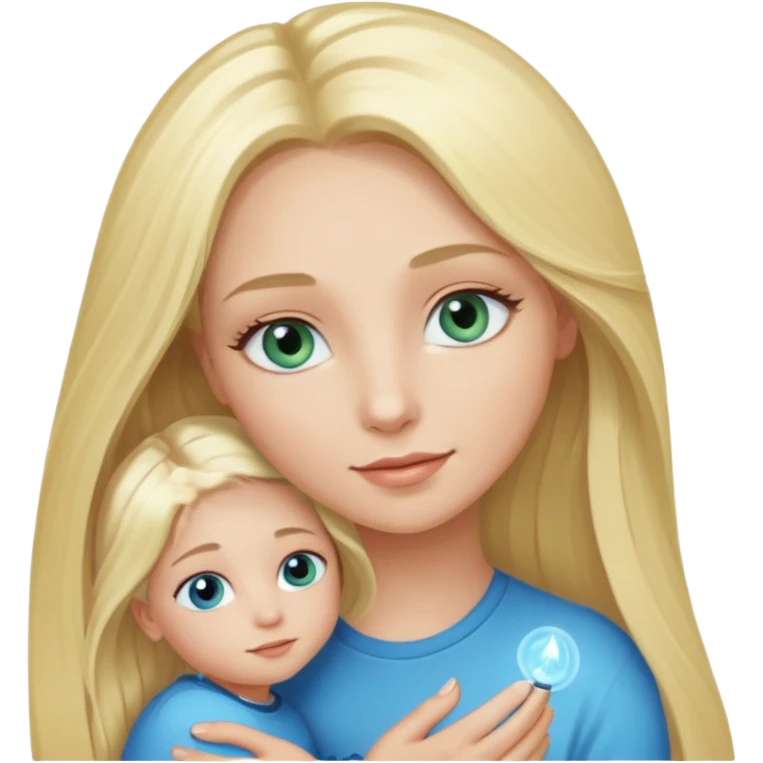 blonde girl with blue-green eyes, lashes, long hair , Holding her little Boy, with light blue eyes  emoji