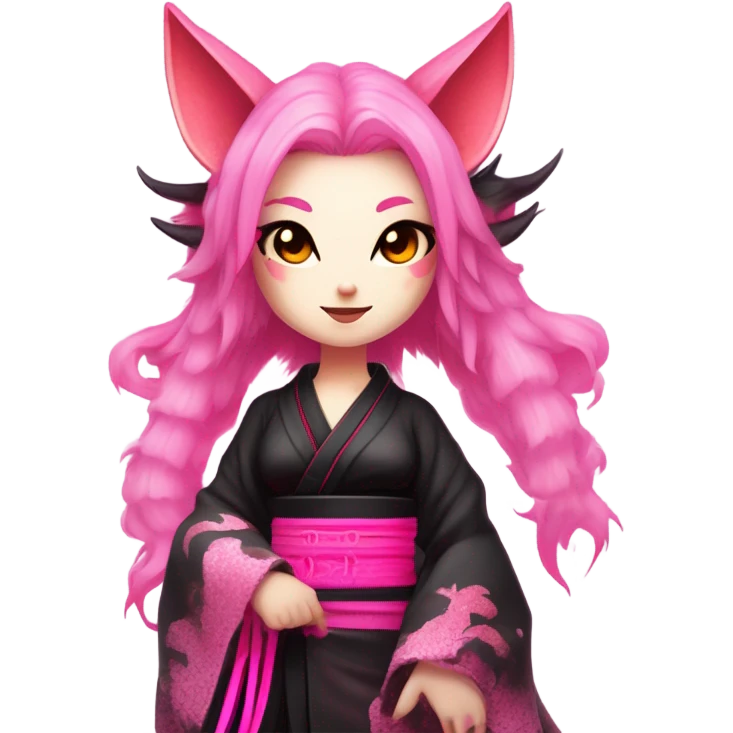 Full body female, succubus kitsune, neon pink eyes, vibrant pink hair, alabaster skin, fluffy black tails, pink tail tips, spiked choker, unique heritage, seductive charm, rebellious spirit, traditional kimonos, spiked anklets, and Barefoot 
 emoji
