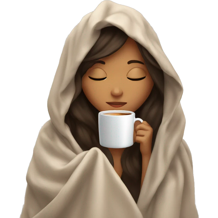 Brunette girl inside a blanket sipping coffee eyes closed emoji