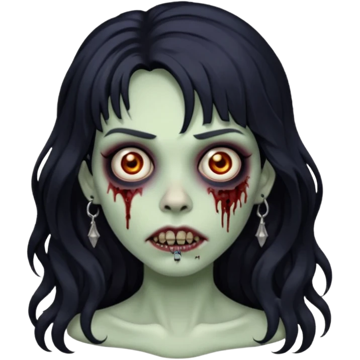 crie um kamoji estilo zumbi (feminina) com o cabelo comprido levemente ondulado e com franja preto, coloque alguns piercing  emoji