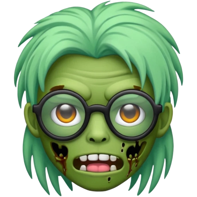 Emoji de zombi com óculos e cabelo preto emo sem pontas e óculos transparentes e a pele  de cor verde pastel  emoji