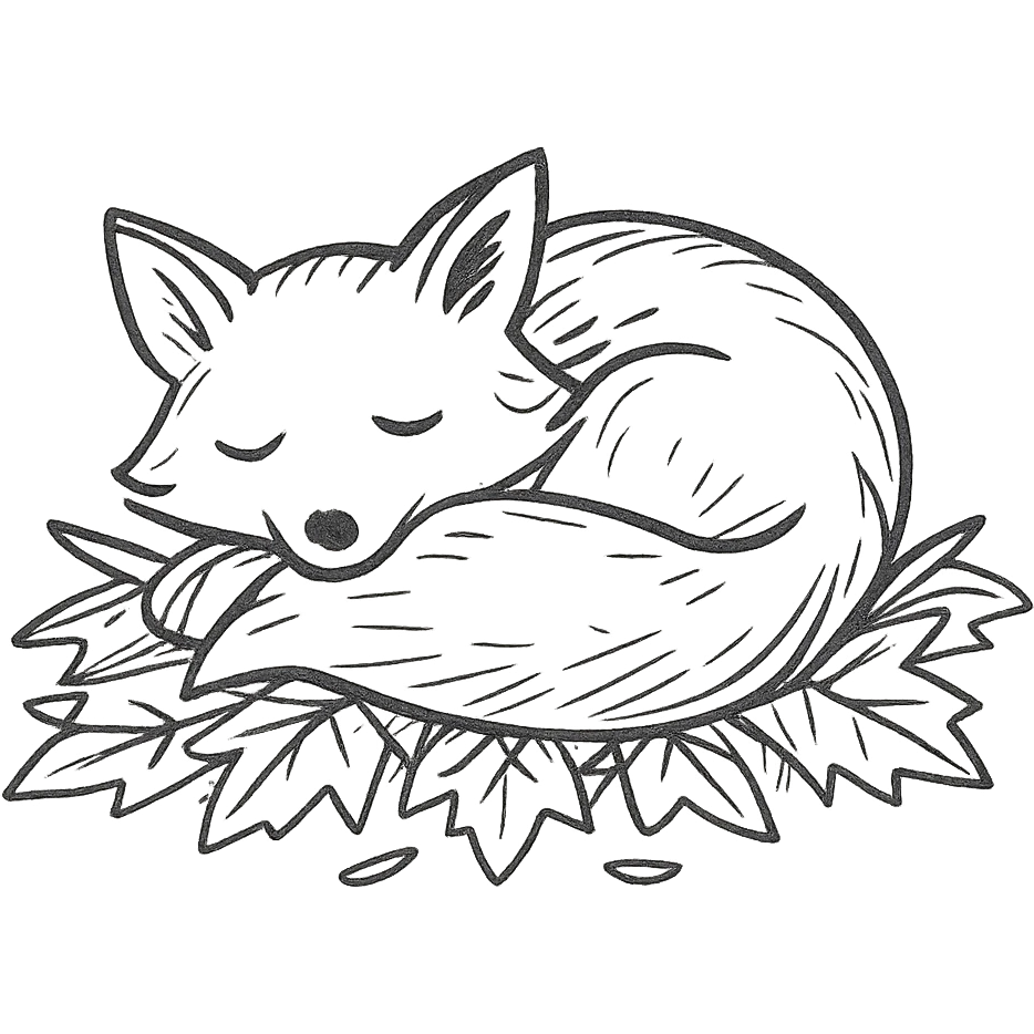 sleepy fox curled up on a pile of autumn leaves, hand-drawn forest style emoji