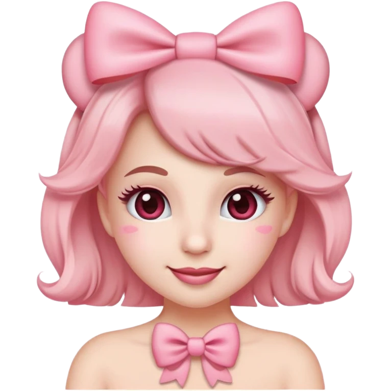 Ultimate coquette emoji with big pink bow, rosy cheeks, batting eyelashes, sweet smile, heart accents, ultra feminine, dainty, soft pink color palette emoji