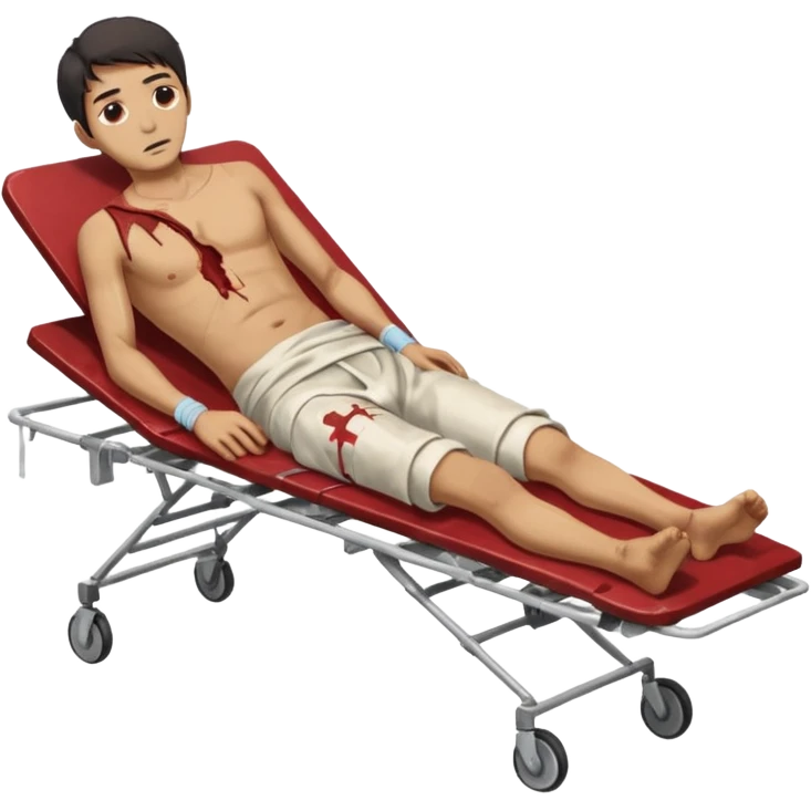 a man of oriental appearance, dressed in torn clothes, full length, in a prone position, with injuries on a medical stretcher, 1980 emoji