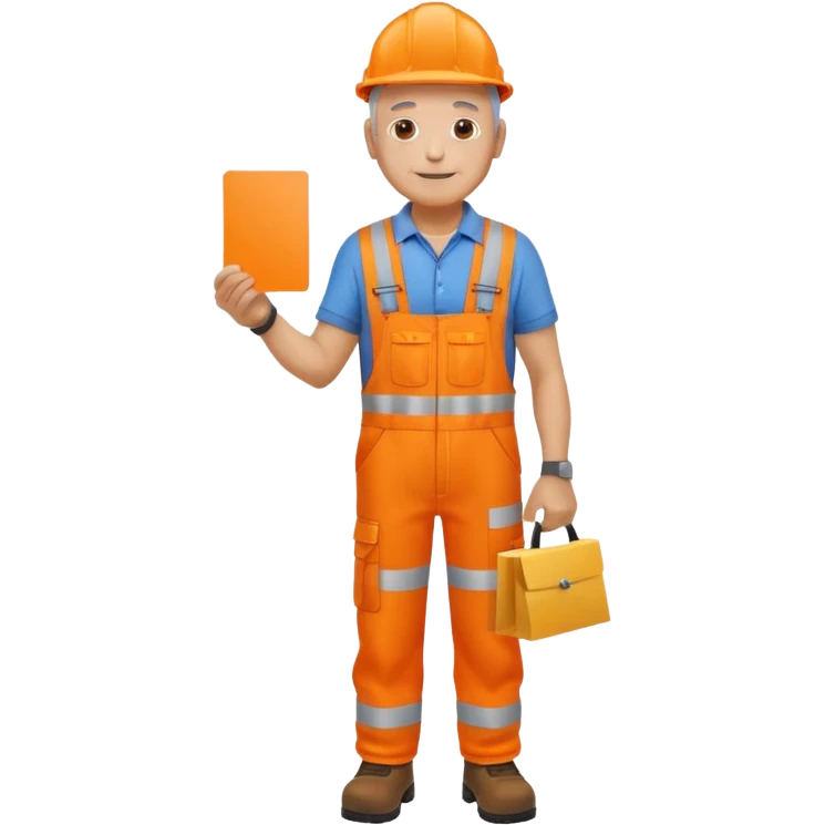 older engineer hi-vis orange overalls full body holding a card emoji