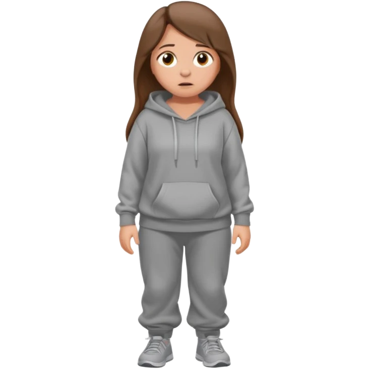 Chica grande  asustada de cuerpo completo mirado a la izquierda con pelo castaño largo y piel blanca  pantalones baggy  grises y hoodie gris  emoji