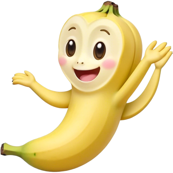 Cute Kawaii Banana, slightly curved, soft pastel yellow, cute giggling face with big round eyes, tiny arms waving happily, a peeled section revealing a smiling expression! emoji