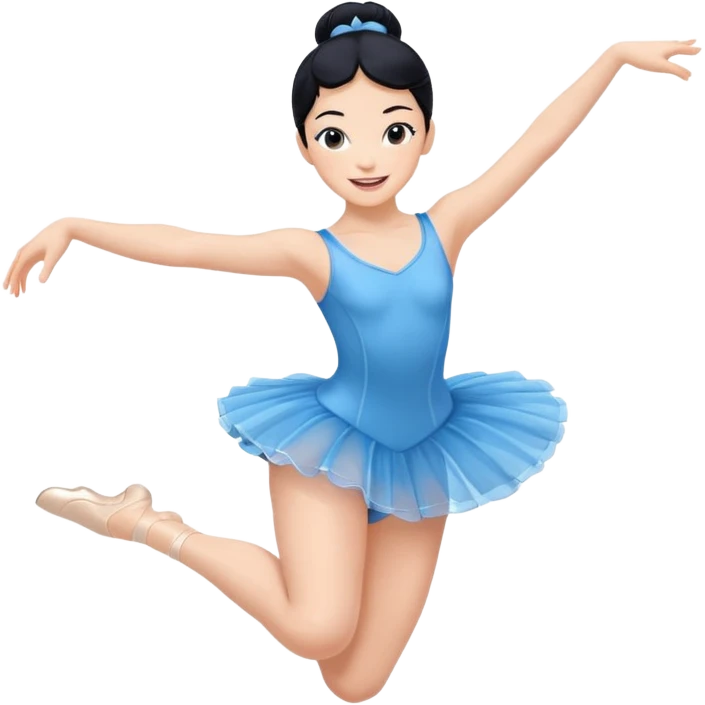 A lively black hair ballerina in a blue outfit, jumping mid-air with a bright smile. emoji