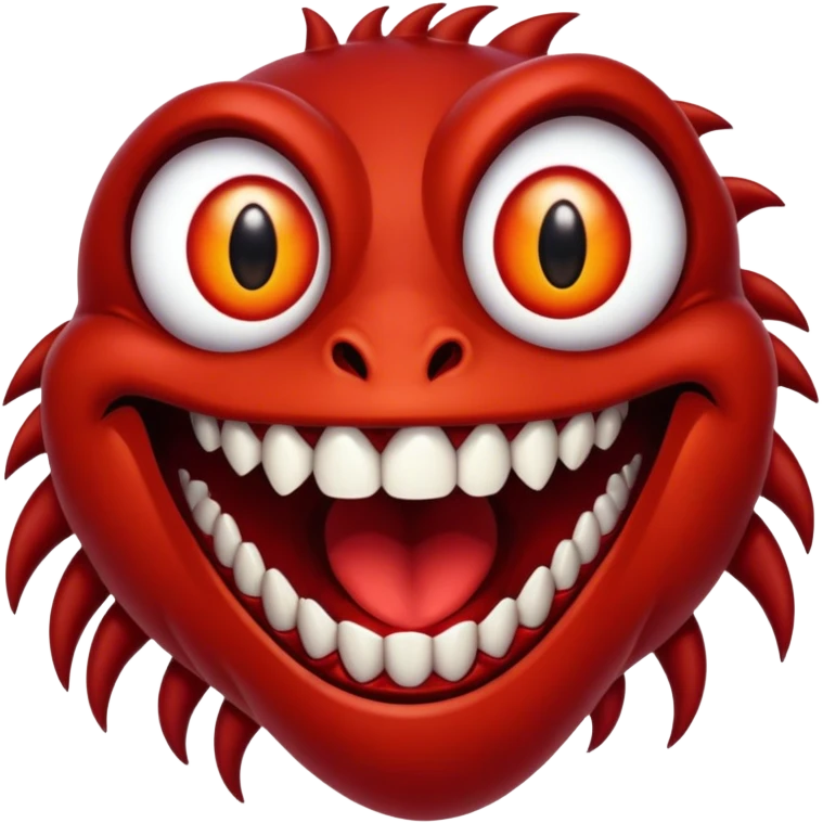 Creature comes out of the eye of a another creature who has red skin and a wide smile with long teeth emoji