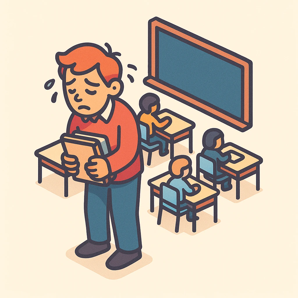 exhausted teacher in a bustling classroom emoji