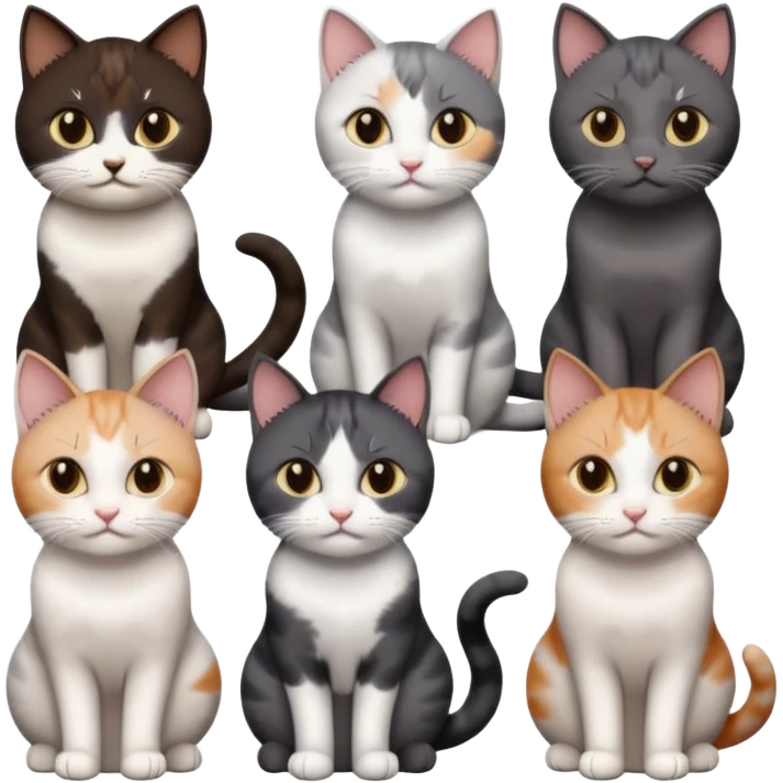 5 different coloured short haired cats including; a dark brown and white cat, and a dark grey and white, and a calico emoji