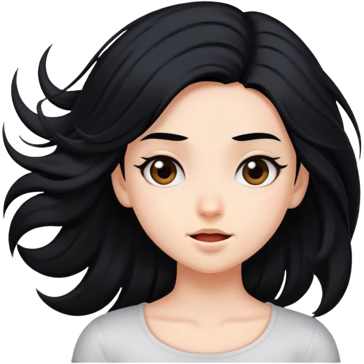 Girl with fair skin and black hair flipping hair to the side emoji