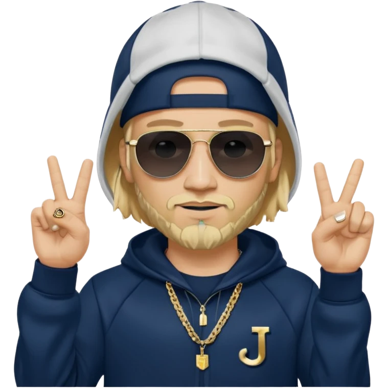 The French rapper Jul. Light skin, trimmed beard, dark navy tracksuit with hood, backwards cap, black sunglasses. Blond hair. both index and middle fingers pointing downward, forming a "J and L" shape. Gold chain and a smirk. Look evoke a Marseille urban vibe. emoji