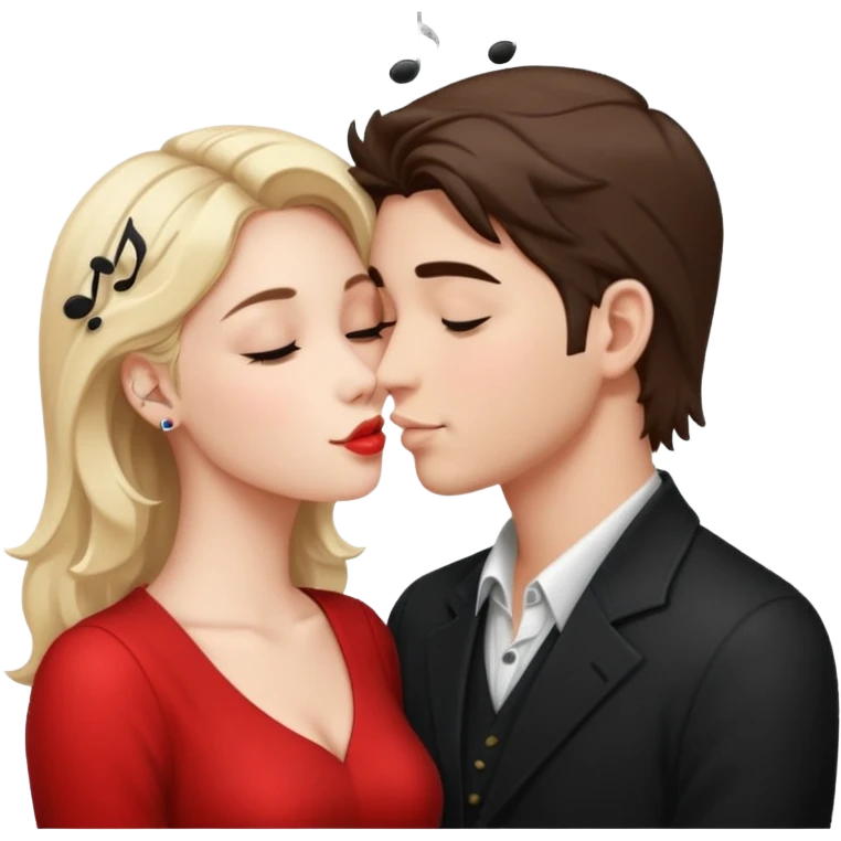 a good looking man and good looking woman are Kissing, with music notes emoji
