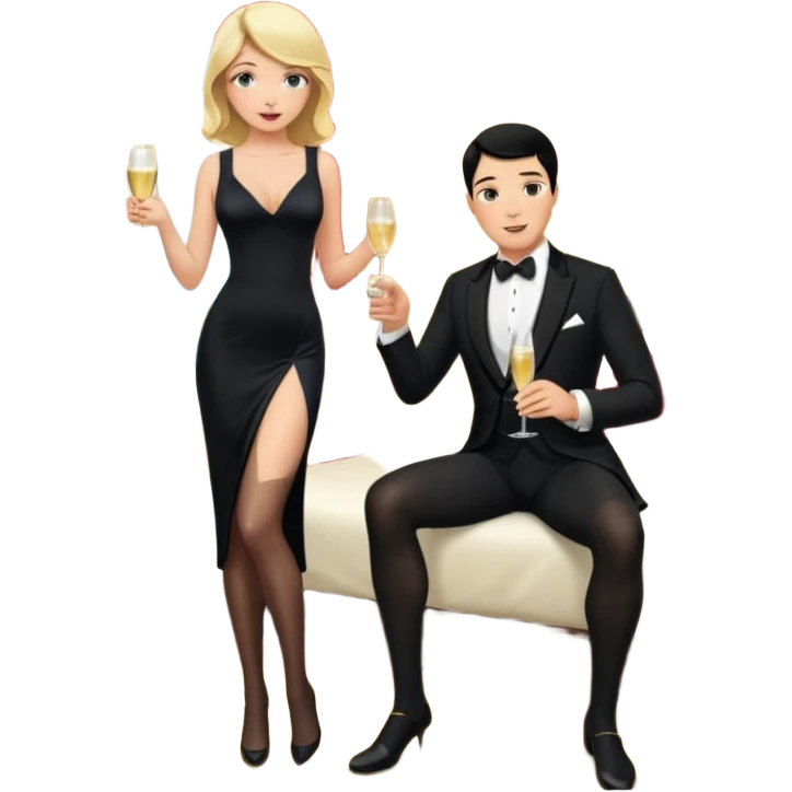 Blonde woman, black, Long, tight, sleveless Dress, Slot left Leg, stockings, man, DARK Hair, in Dinner jacket, Background bedroom, drinking champaign emoji