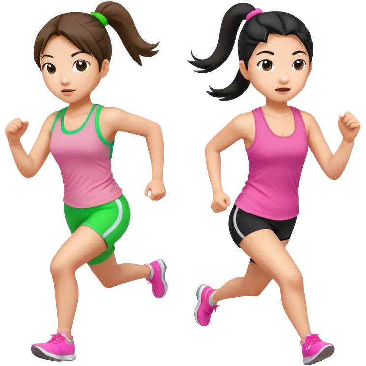 two asian girls ponytail with green tank top and pink tank top running emoji