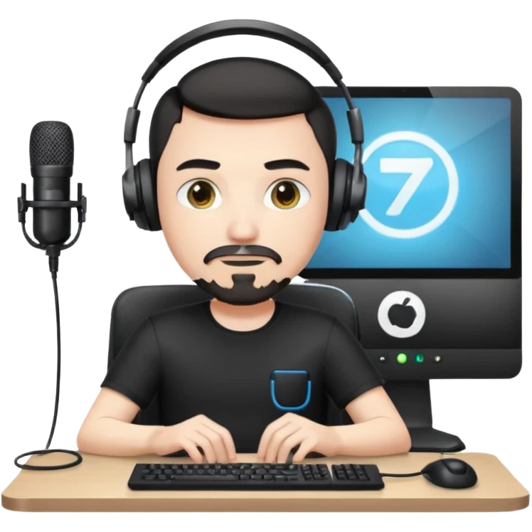 a setup of a youtuber, white skin, thin goatee, black short hair, with a desktop pc on a table, a gaming chair, microphone, white ring light emoji