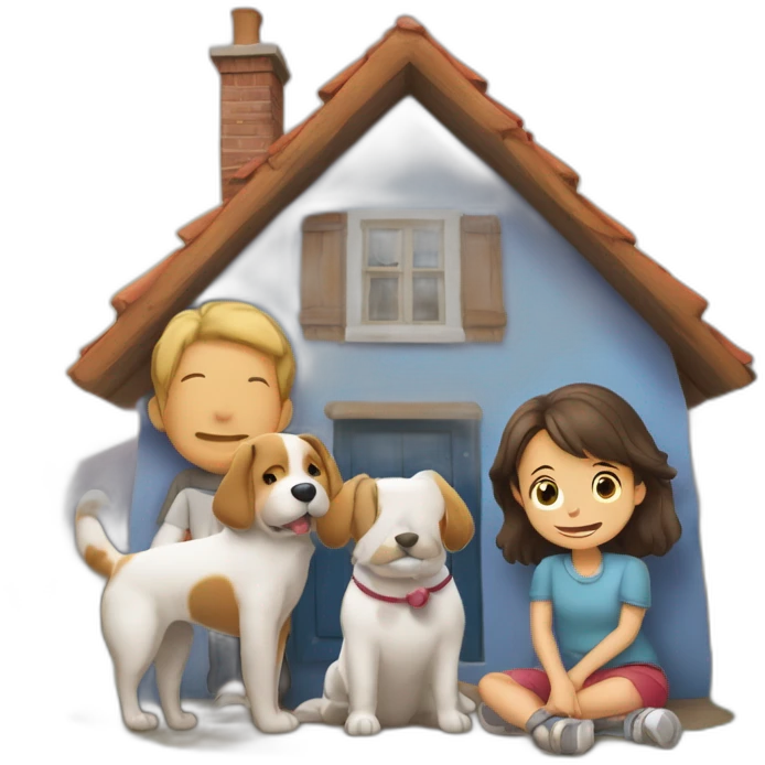 Un chien et un chat devant une maison avec une famille composer de 1 garç et 2 fille emoji