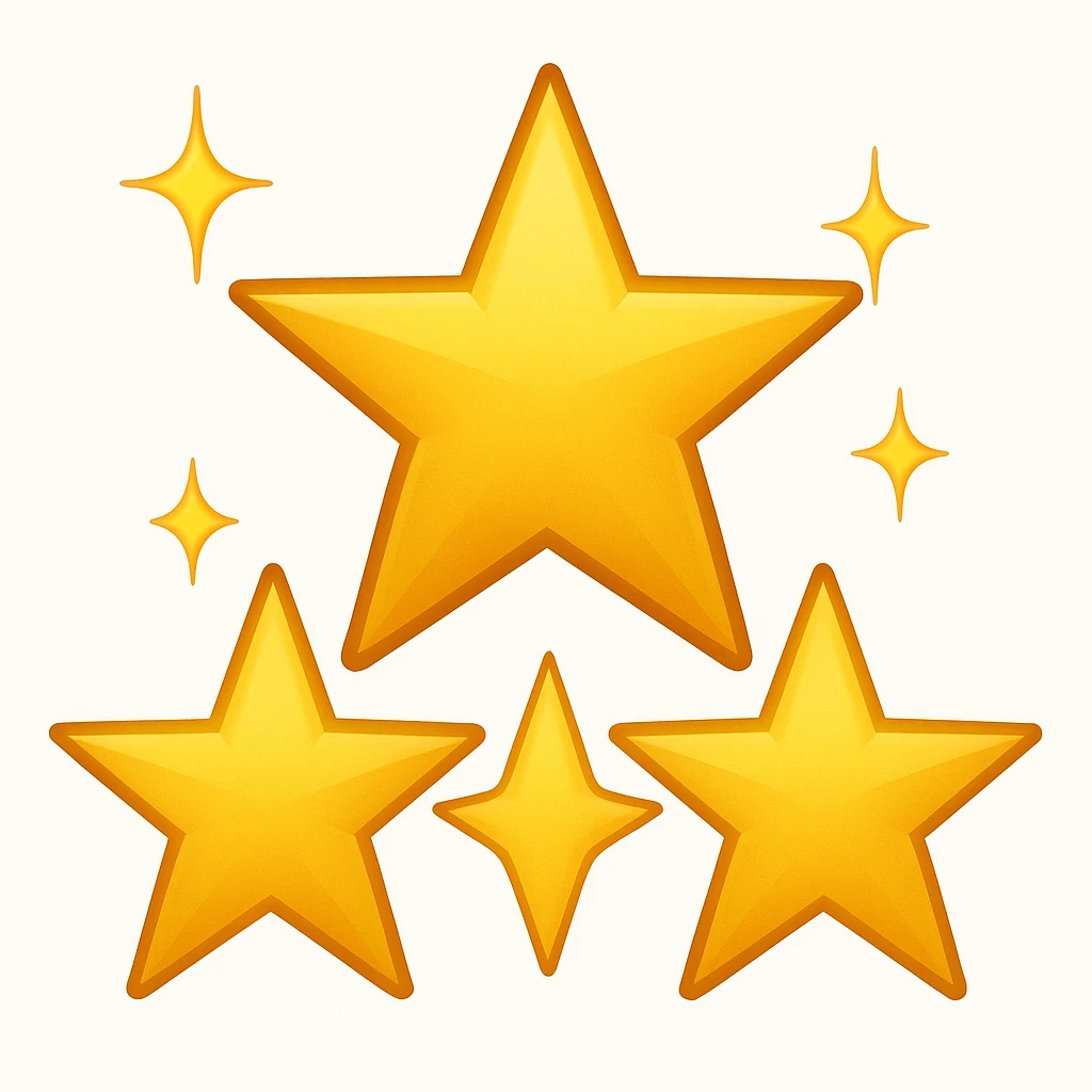3 golden stars, one big in the center and two smaller on the sides with sparkles (emoji style) emoji