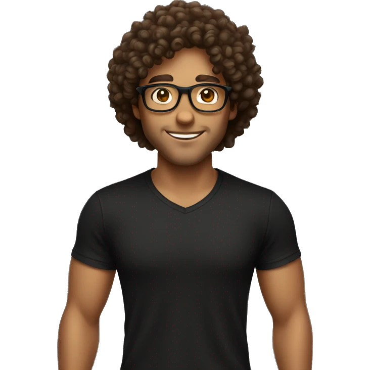 A guy with Italian and Brazilian characteristics, curly hair, using a classic brown glasses, dressed in black t-shirt,  emoji