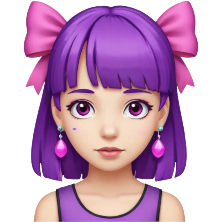 girl with bangs and purple hair and pink hairbow on the side of head and earrings emoji