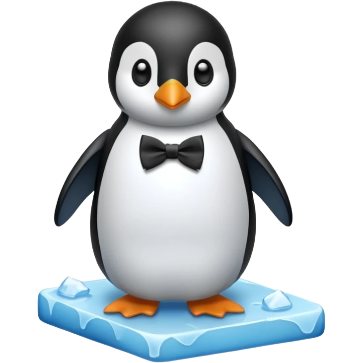 penguin, black bow tie, standing on small ice melting block emoji