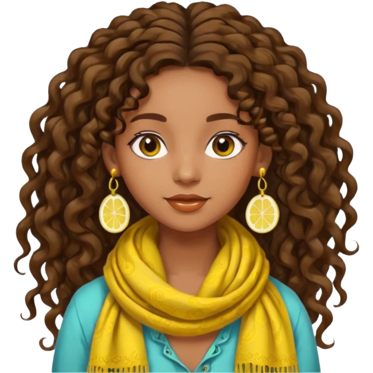 bohemian girl, brown skin, long curly brown hair tied up high at the back, lemon yellow scarf, round earrings, free-spirited emoji