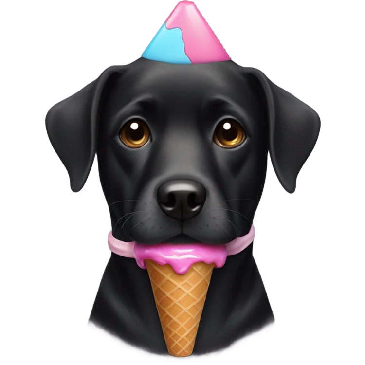 black dog wearing a cone and a donut around her neck emoji