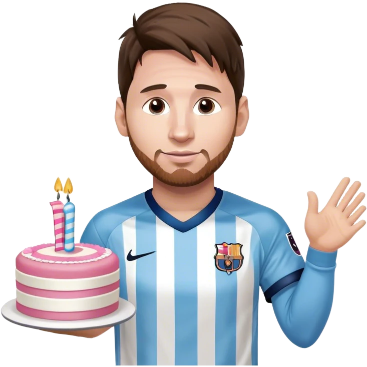 Lionel Messi wearing his white and blue striped jersey holding a pink pretty birthday cake emoji